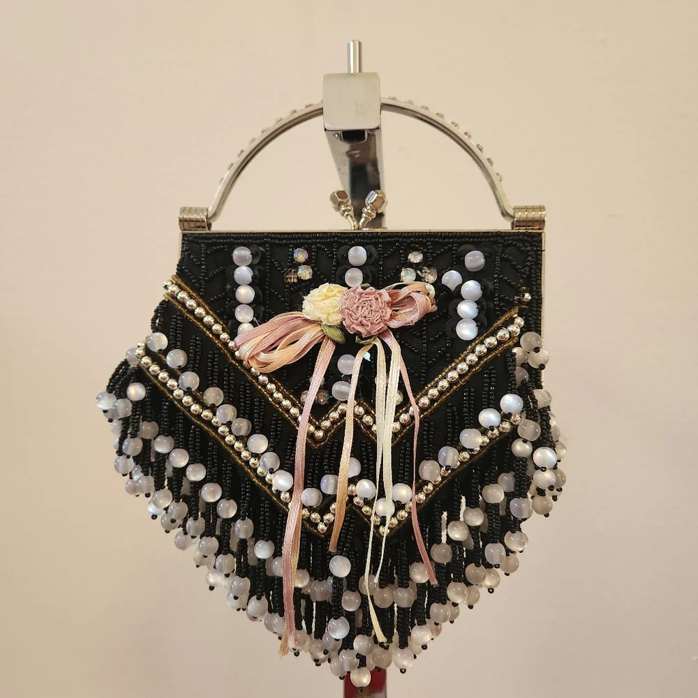 Beaded Handbag Black & White Clutch Purse No Strap